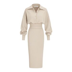 Commense Light Beige Cinched Waist Knit Midi Dress Gold Button NWT Medium